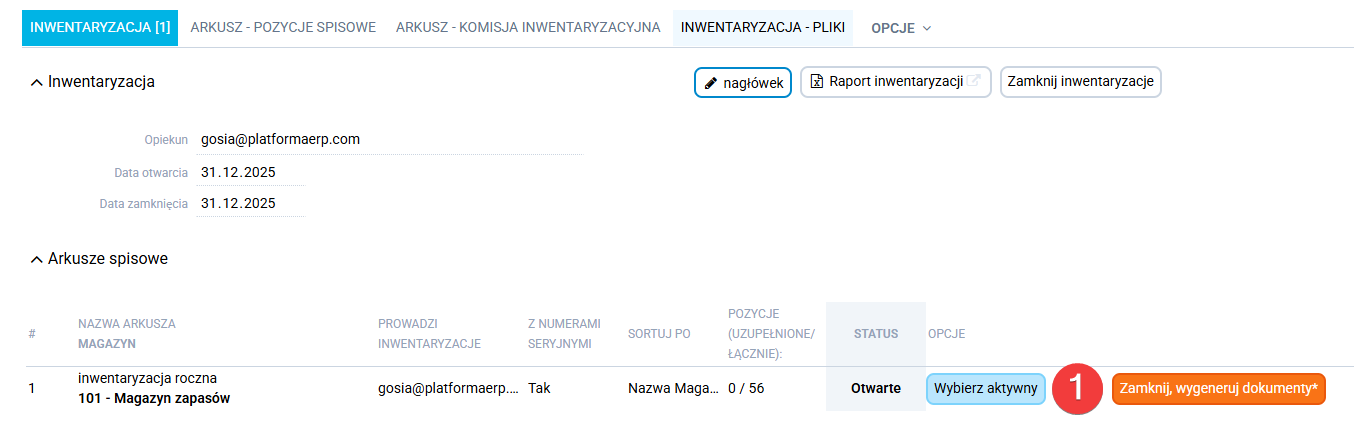 platformaERP  Inwentaryzacja, arkusz spisowy