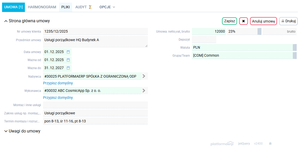 platformaERP Rejestracja umowy, ekran główny