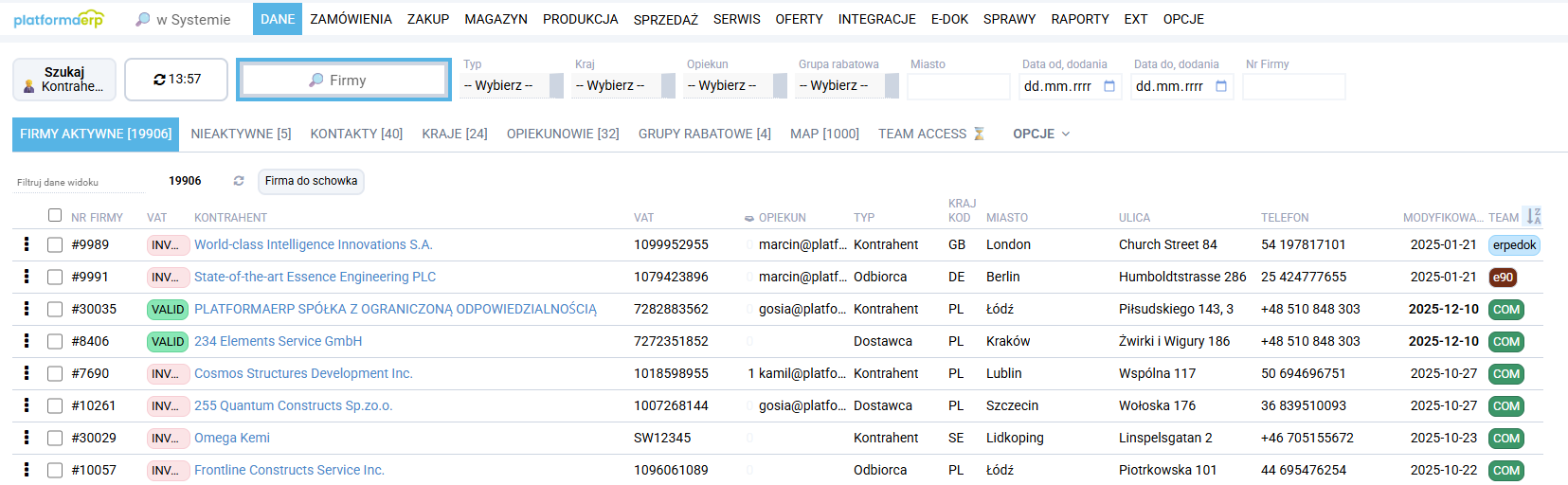 platformaERP - Kontrahenci, lista