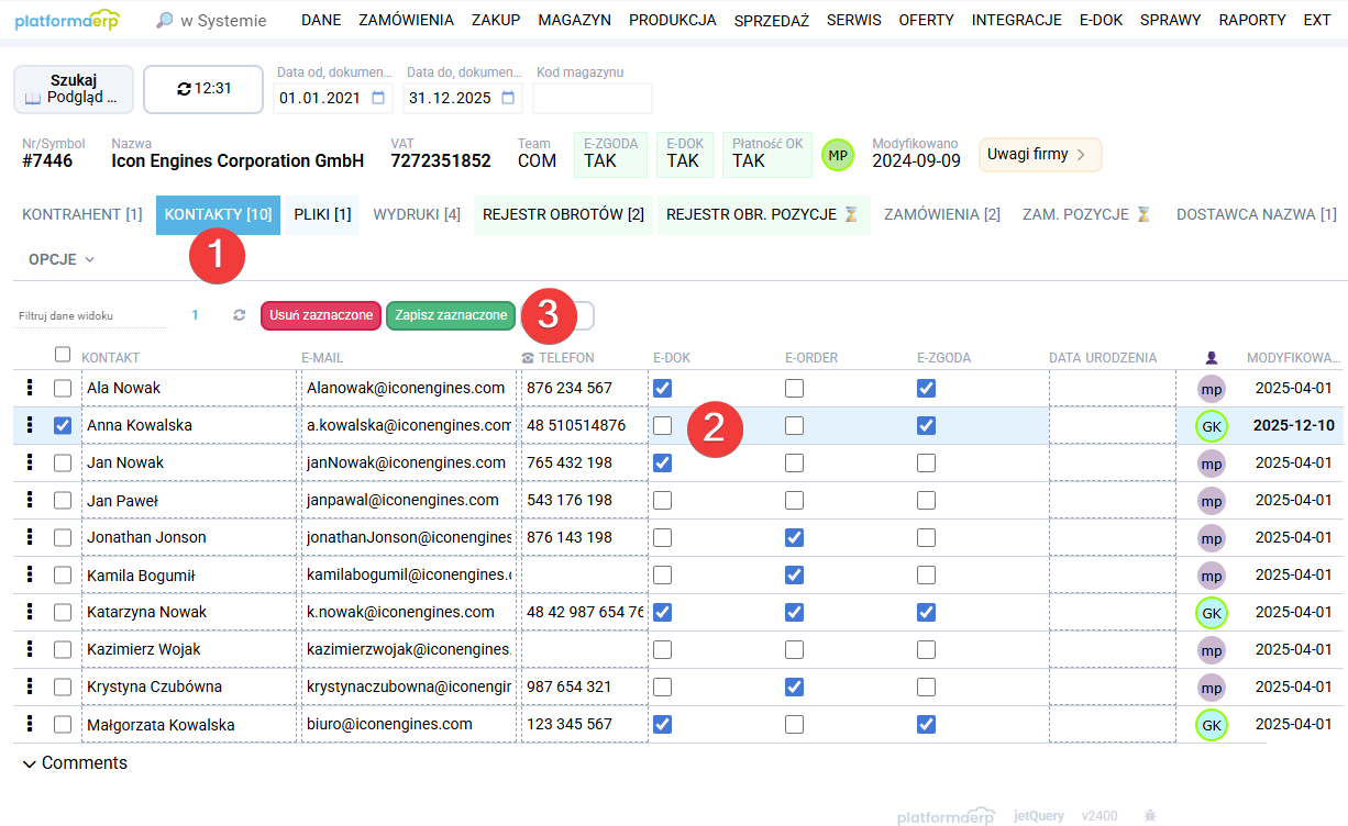 platformaERP - Kontakty, zmiana przypisania do modułu e-dok, e-sales, e-order