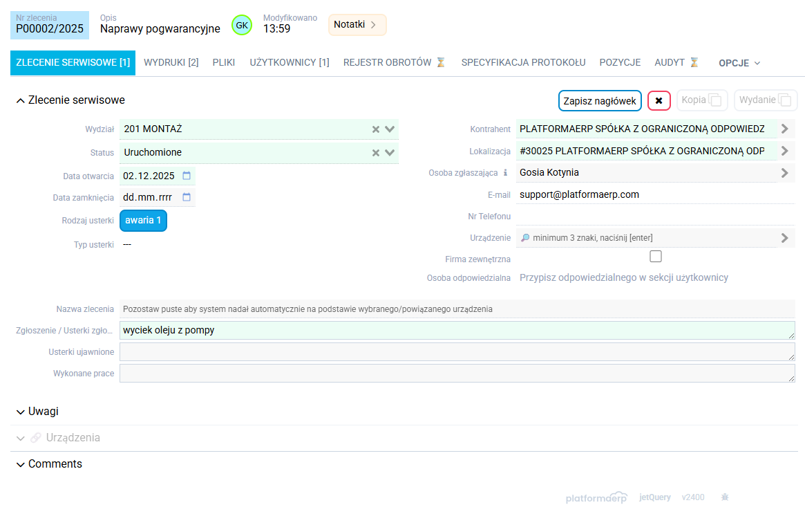 platformaERP - Serwis, nowe zlecenie serwisowe.