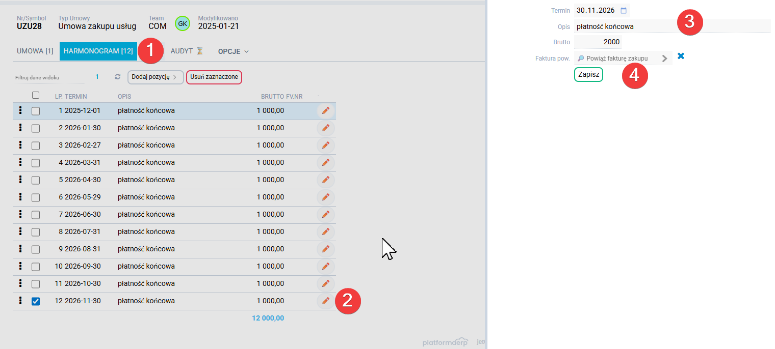 platformaERP Harmonogram umowy - edycja