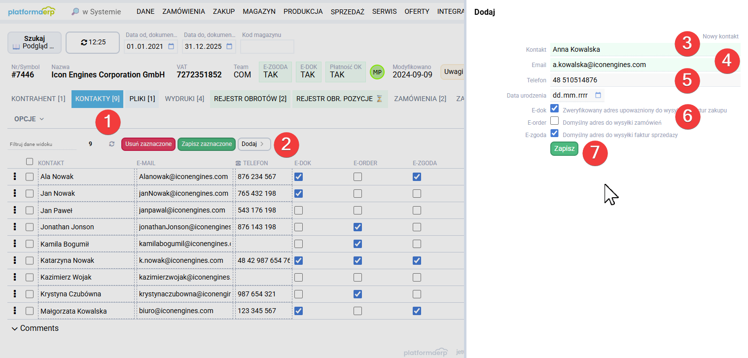 platformaERP - Kontakty, przypisanie do modułu e-dok, e-sales, e-order