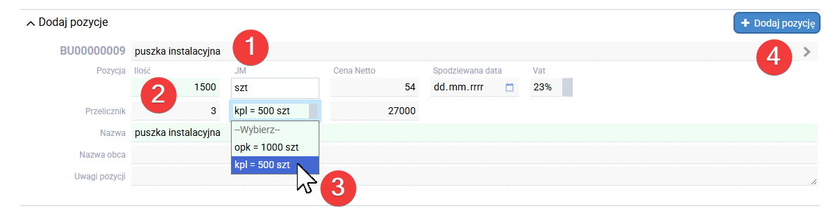 platformaERP - Zamówienie, dodawanie pozycji z wieloma przelicznikami