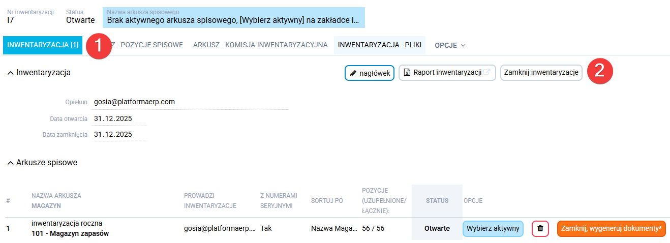 platformaERP  Inwentaryzacja, zamknięcie