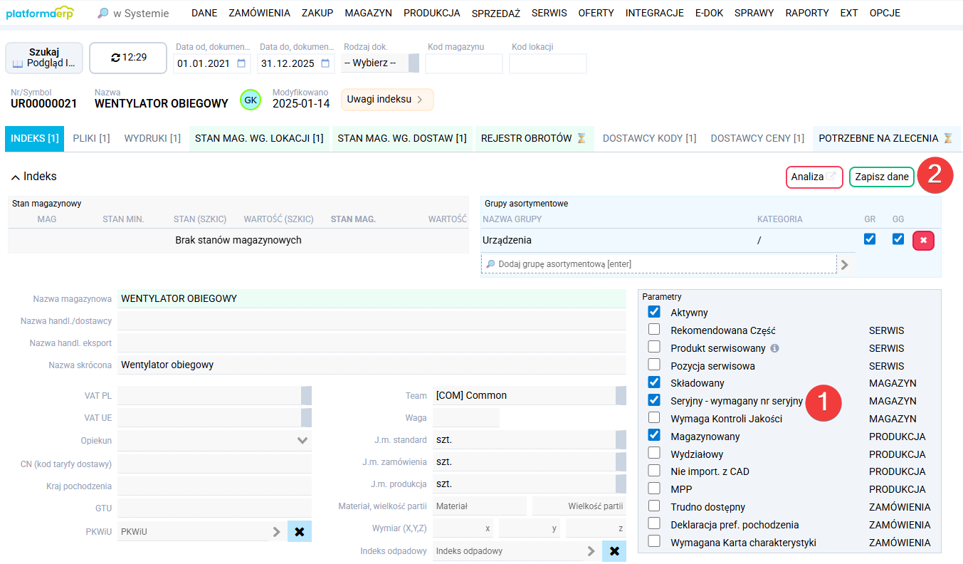 platformaERP - Indeks, numer seryjny