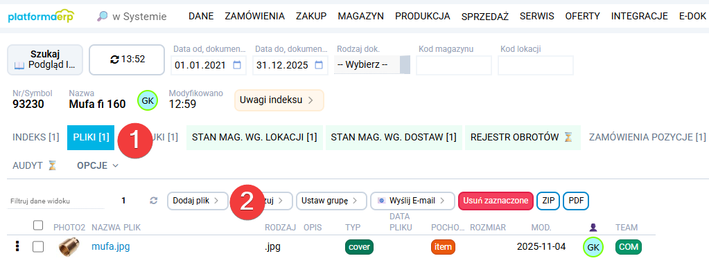 platformaERP - Indeks, załączenie zdjęcia