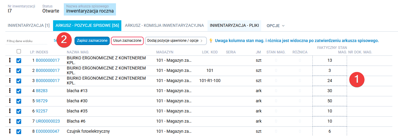 platformaERP  Inwentaryzacja, pozycje arkusza spisowego