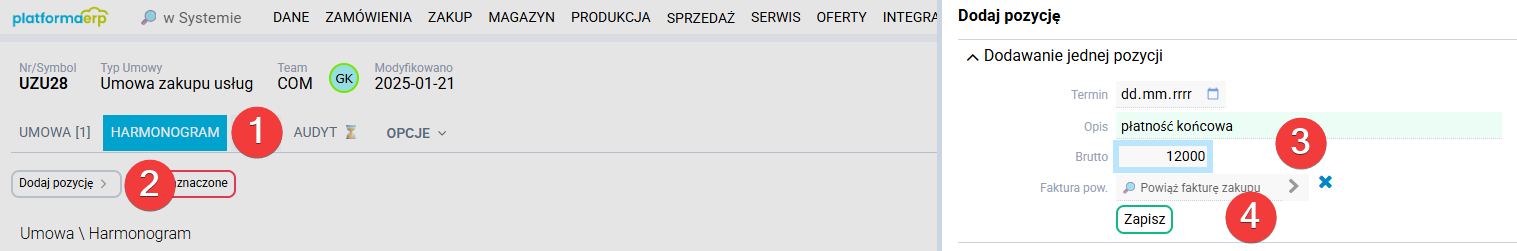 platformaERP Rejestracja umowy, harmonogram - jedna pozycja