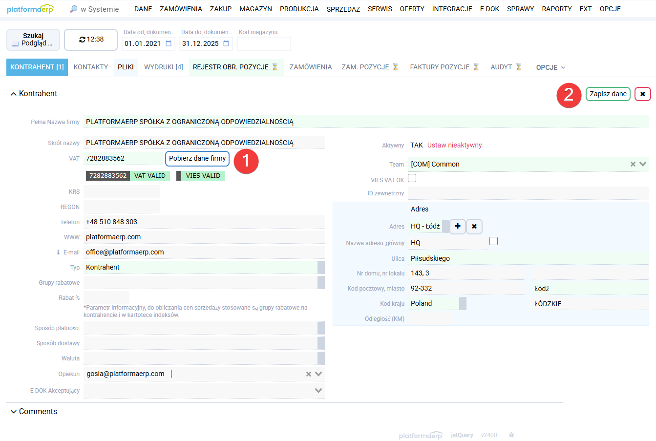platformaERP Dodanie nowego kontrahenta