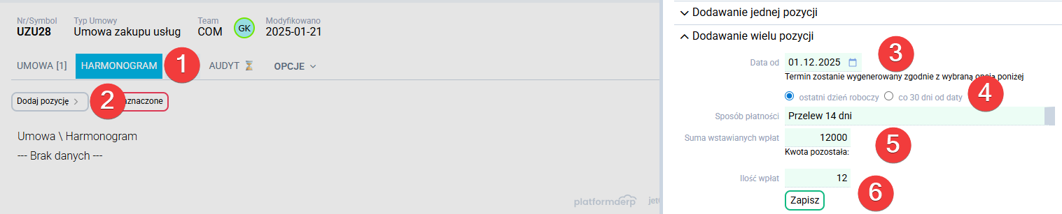 platformaERP Rejestracja umowy, harmonogram - wiele pozycji