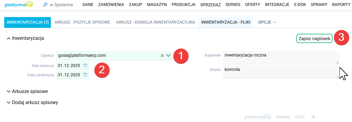 platformaERP  Inwentaryzacja, dokument spisowy