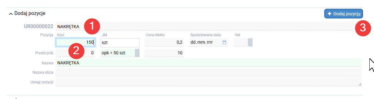 platformaERP - Zamówienie, dodawanie pozycji z przelicznikiem