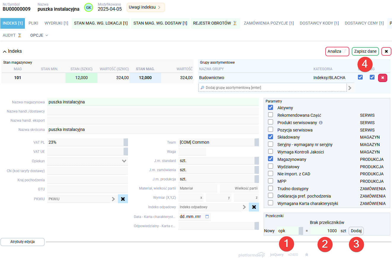 platformaERP - Indeks, dodanie przelicznika