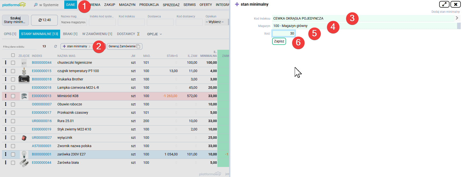 platformaERP - Indeksy, dodanie stanu minimalnego