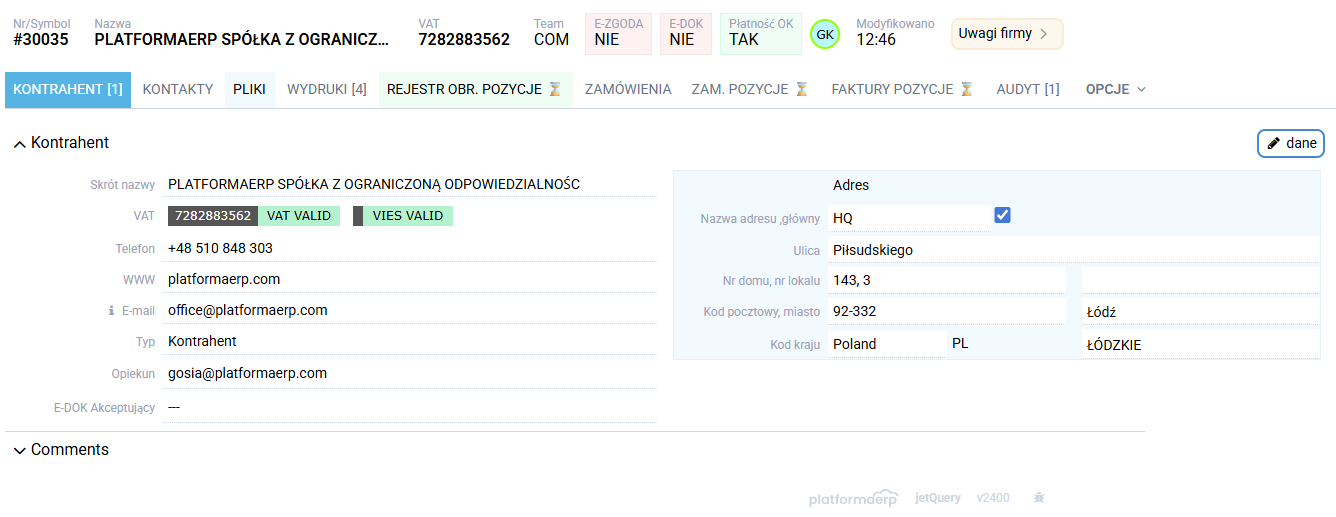 platformaERP Kontrahent, podgląd