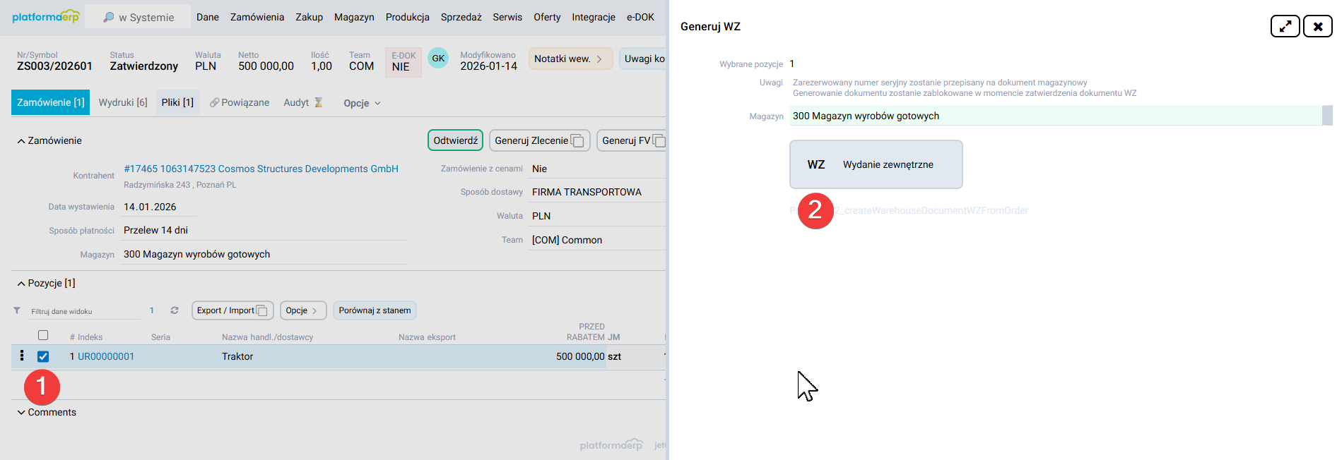 platformaERP - Dokument WZ z Zamówienia sprzedaży