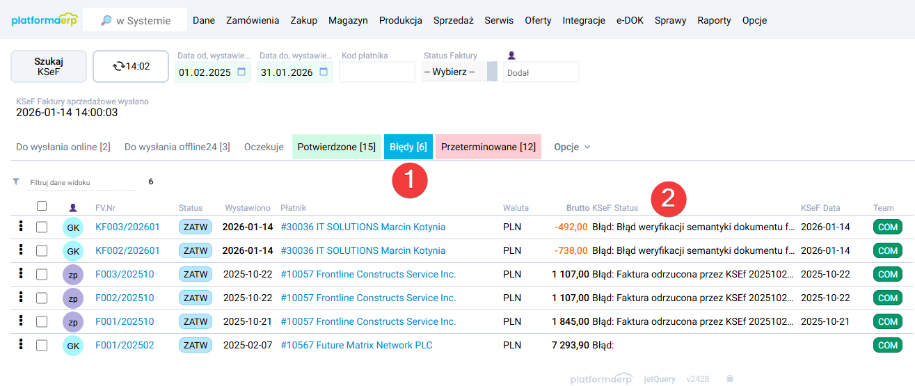 platformaERP - KSeF - Błędy