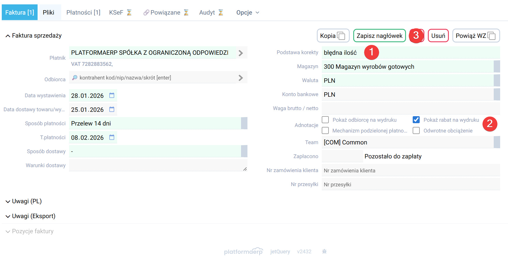 platformaERP - wystawienie korekty do faktury