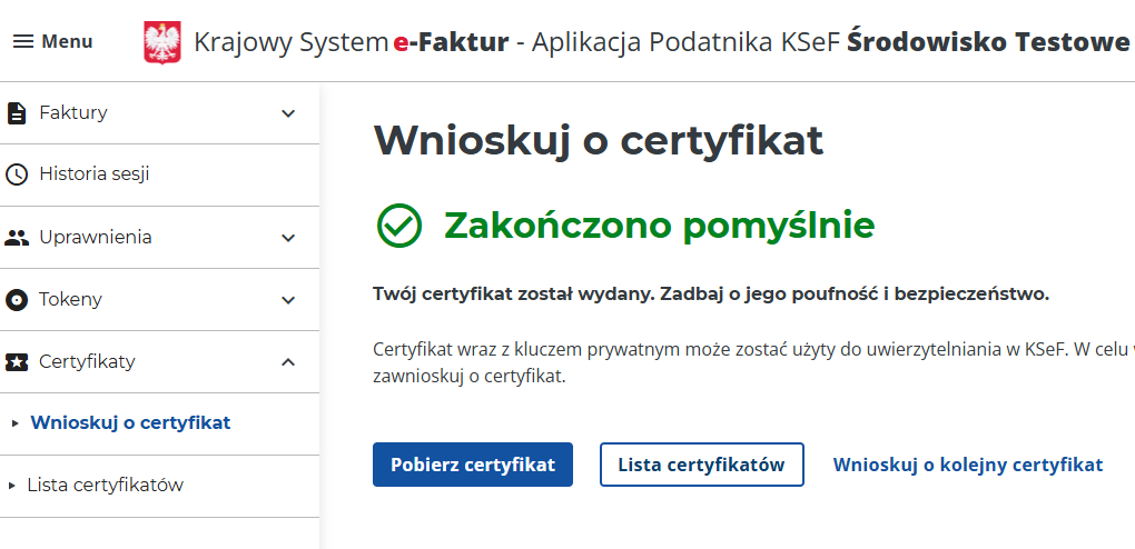 platformaERP - KSeF - pobranie certyfikatu KSeF