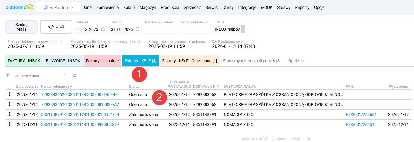 platformaERP - KSeF - faktury odebrane