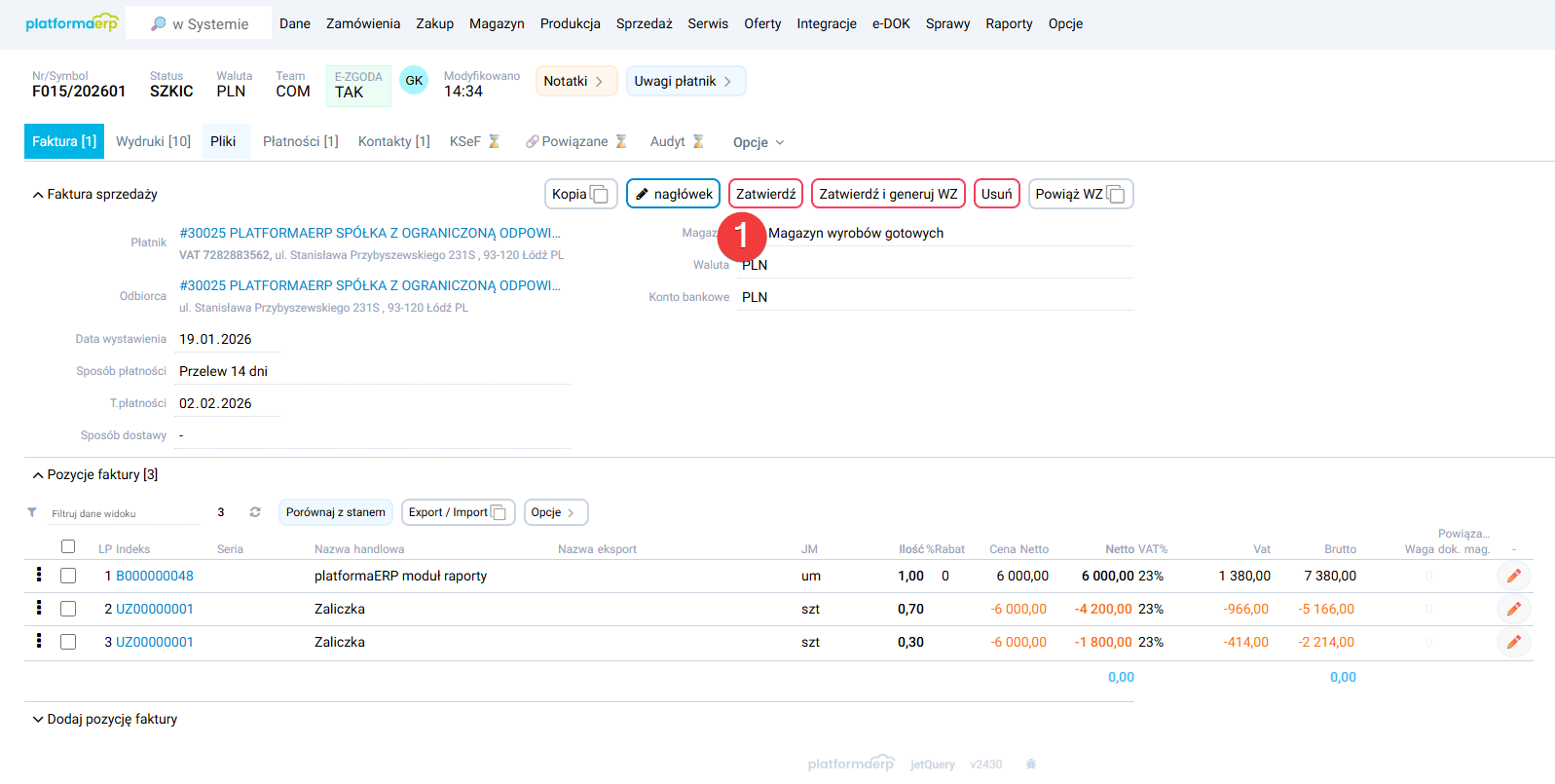 platformaERP - Faktura rozliczająca zaliczki, pozycje
