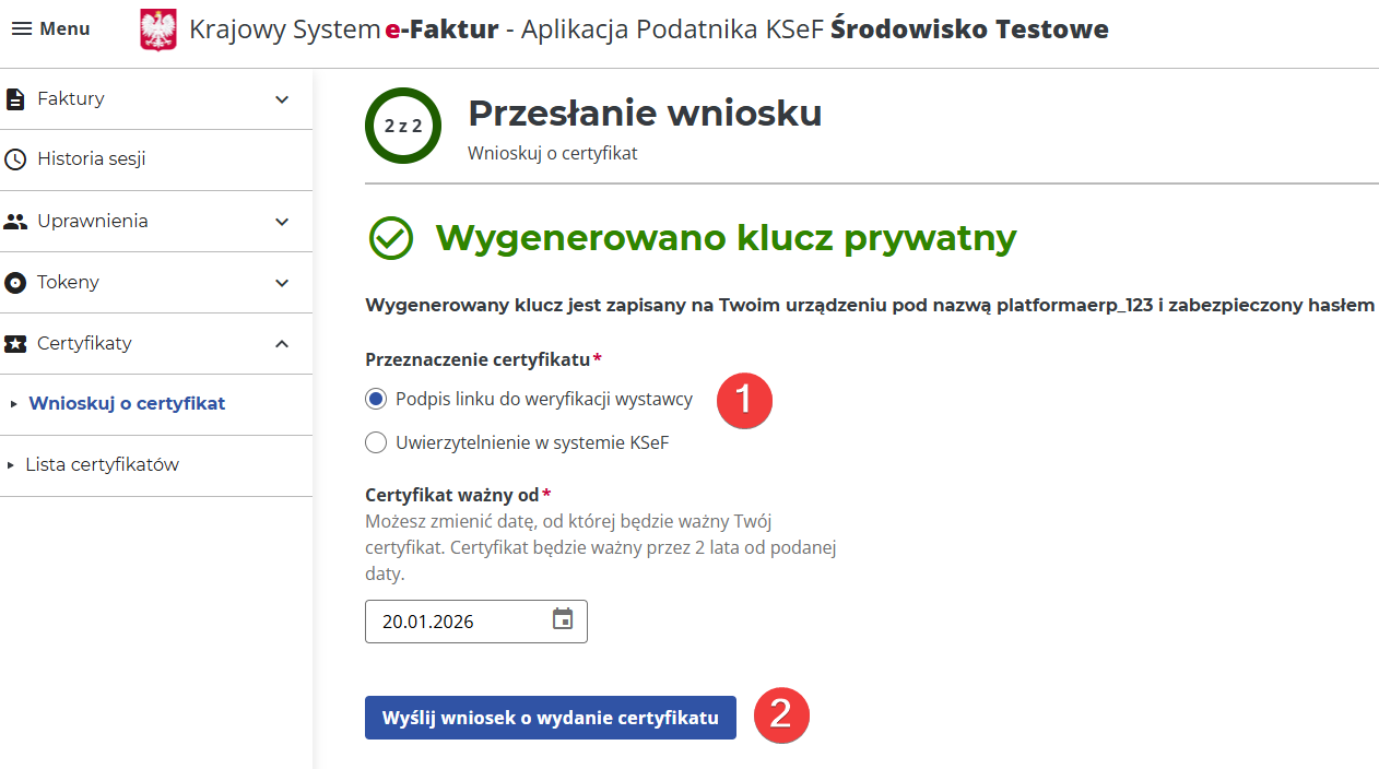 platformaERP - KSeF - proces generowania certyfikatu KSeF
