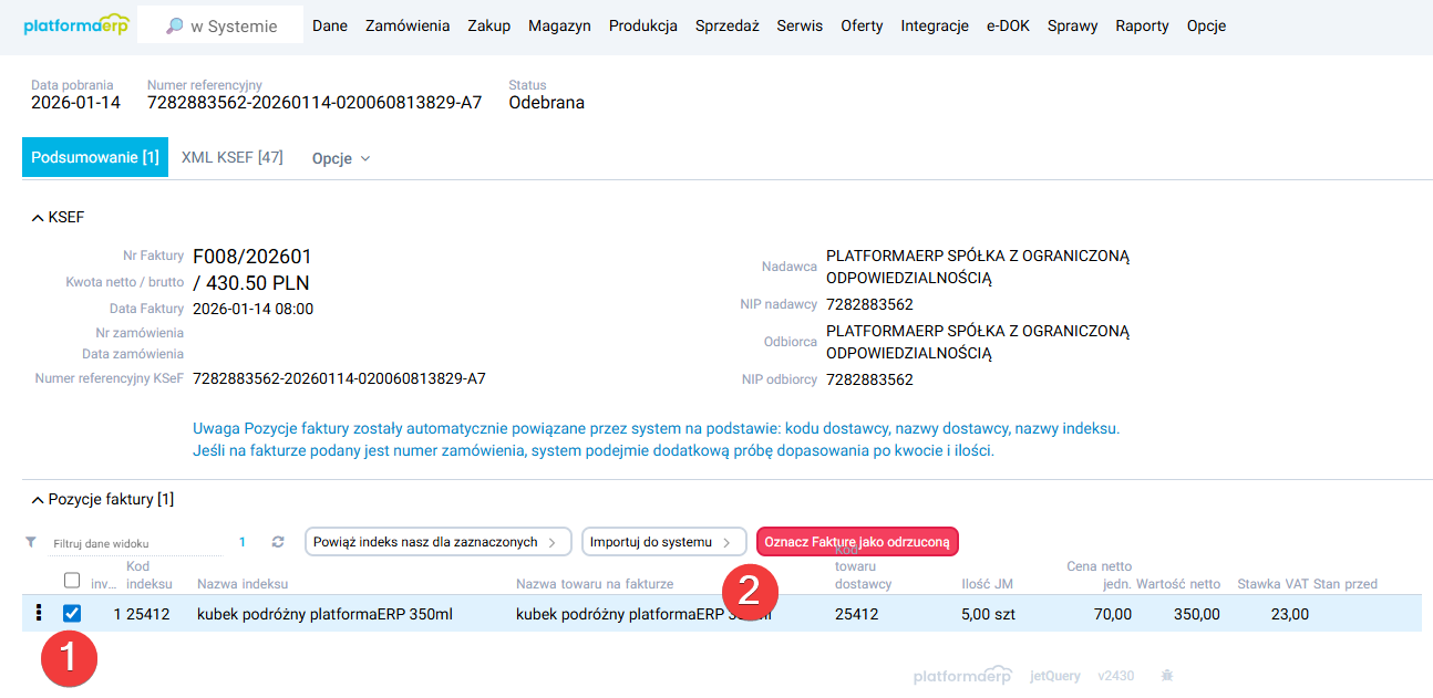 platformaERP - KSeF - import faktur odebranych