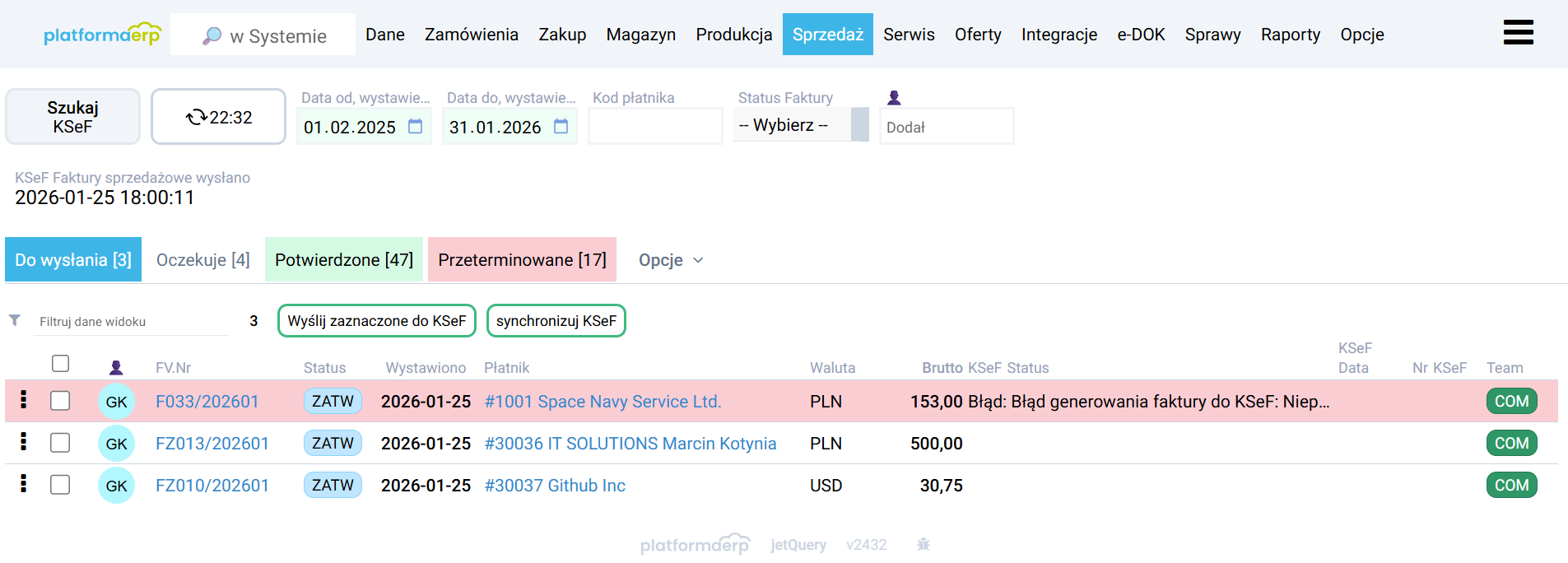 platformaERP - KSeF - Błędy