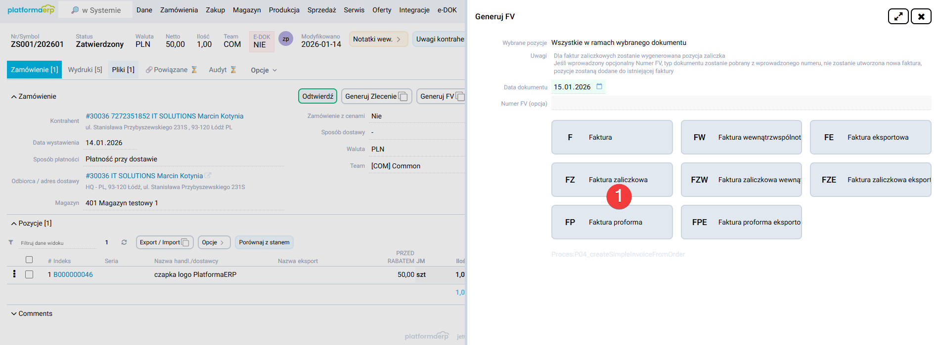 platformaERP - Rodzaj faktury zaliczkowej