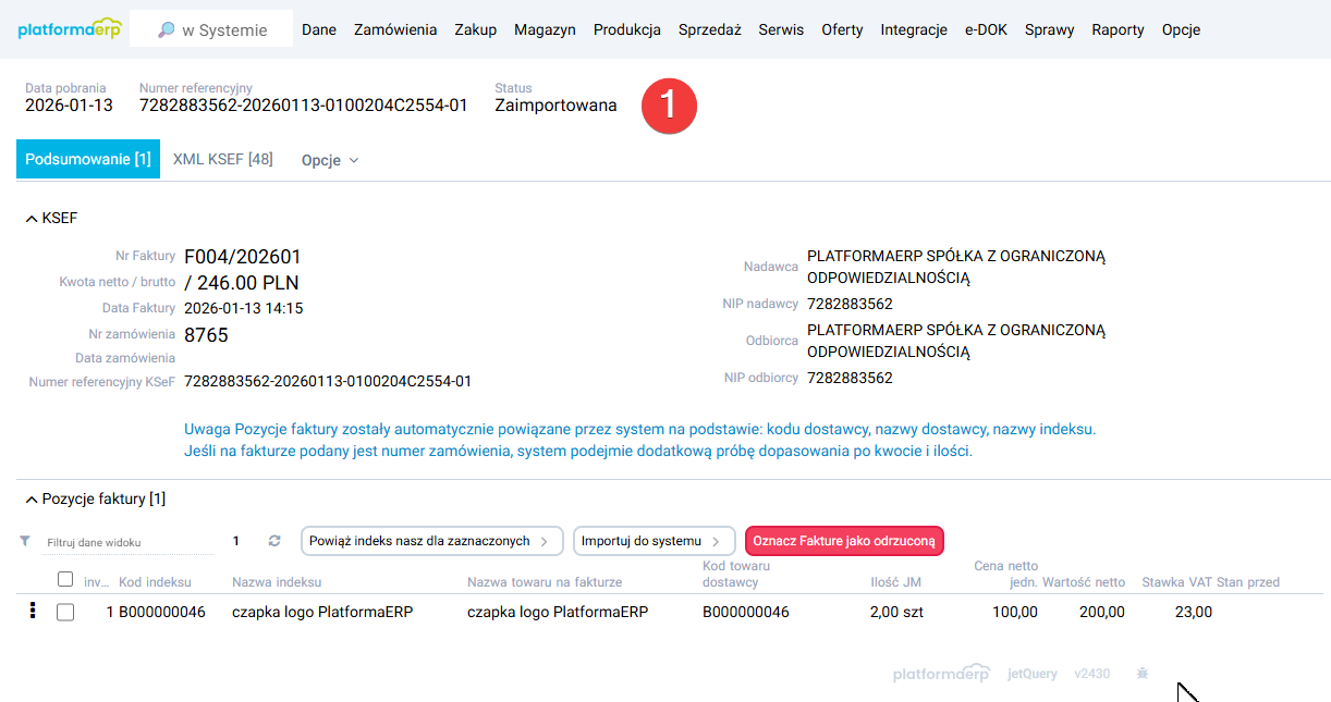 platformaERP - KSeF - faktura zaimportowana