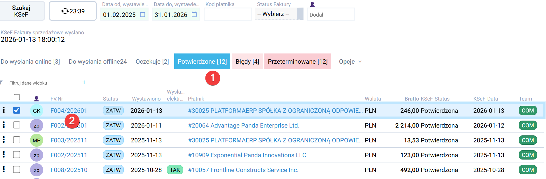 platformaERP - KSeF - faktury potwierdzone