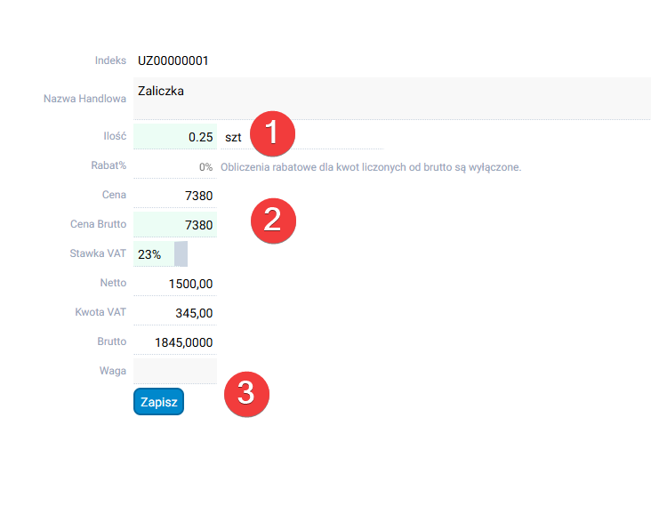 platformaERP - Faktura zaliczkowa, zmiana pozycji.