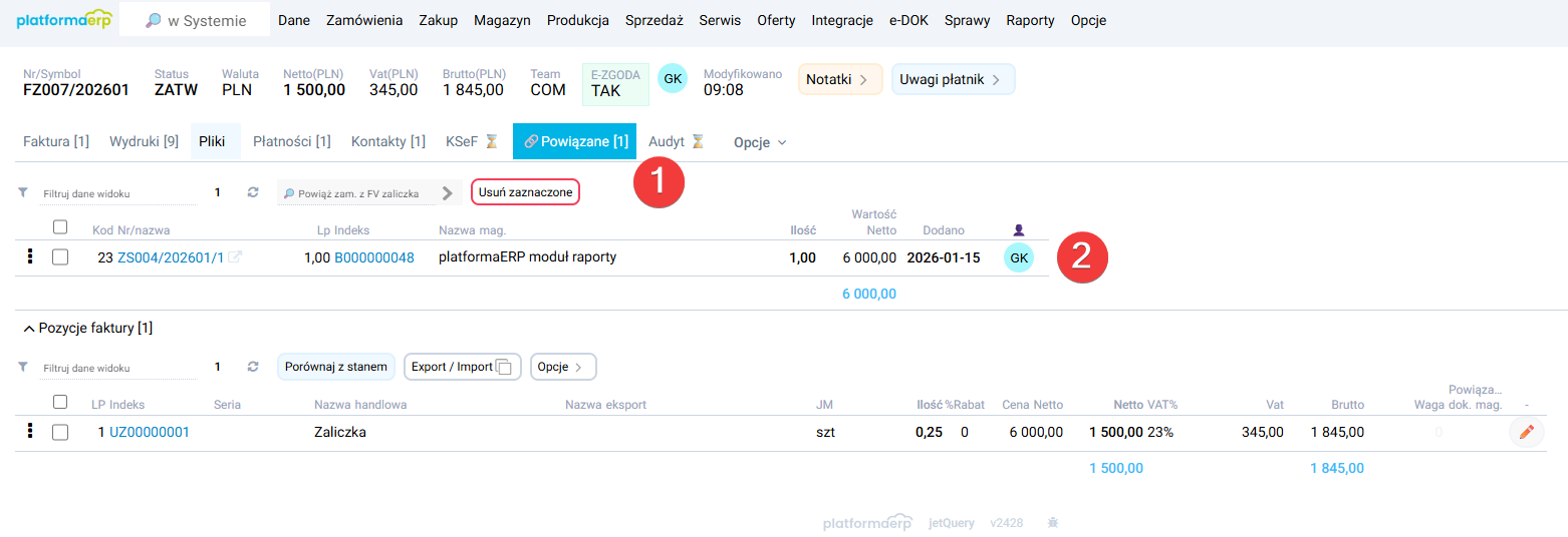 platformaERP - KSeF - powiązanie faktury zaliczkowej z zamówieniem