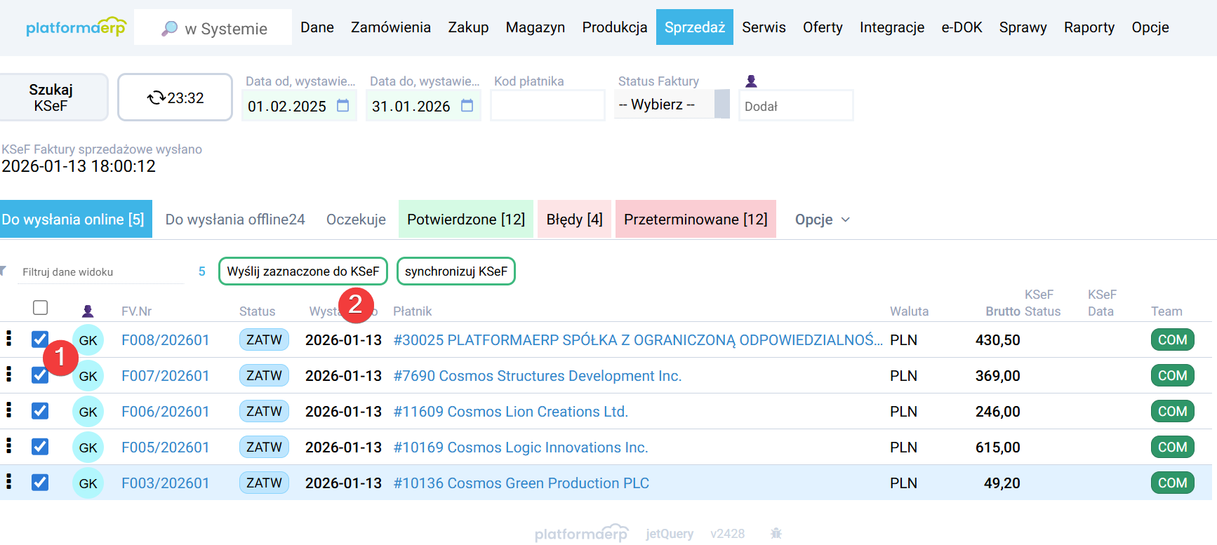 platformaERP - KSeF - lista faktur do wysłania do KSeF