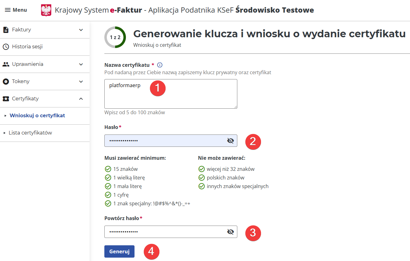 platformaERP - KSeF - proces generowania certyfikatu KSeF