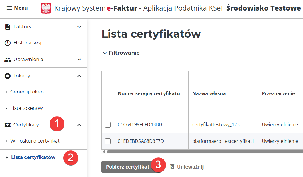 platformaERP - KSeF - pobranie numeru seryjnego certyfikatu KSeF
