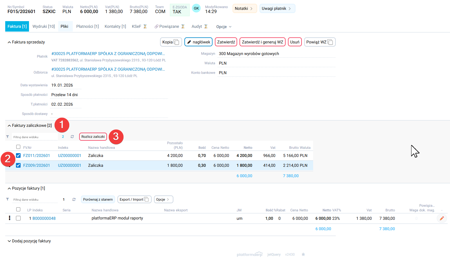 platformaERP - Faktura rozliczająca zaliczki