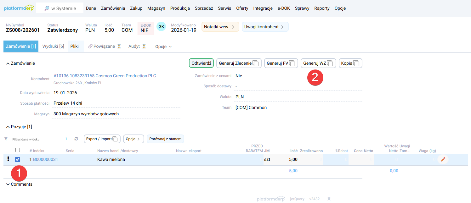 platformaERP - wystawienie WZ z Zamówienia sprzedaży