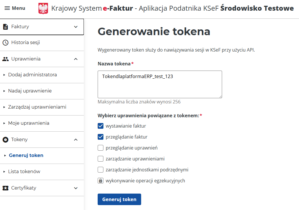 platformaERP - KSeF - generowanie tokenu w KSeF
