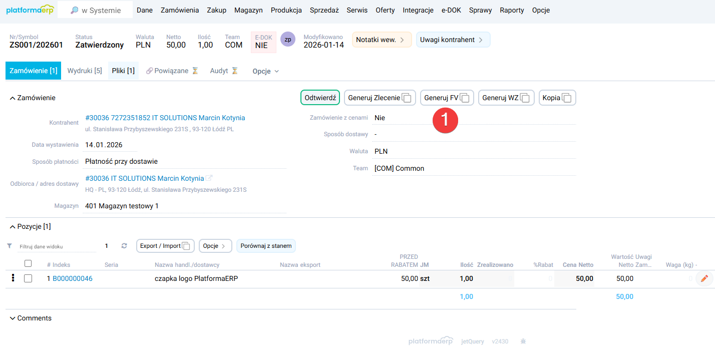 platformaERP - Faktura zaliczkowa z zamówienia