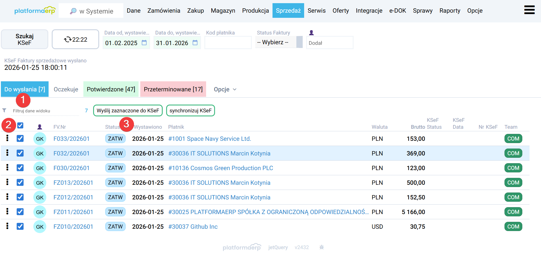 platformaERP - KSeF - lista faktur do wysłania do KSeF