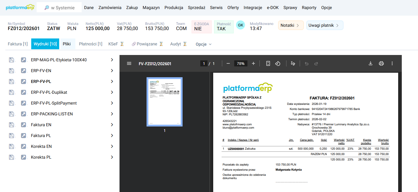 platformaERP - faktura zaliczkowa, podgląd wydruku