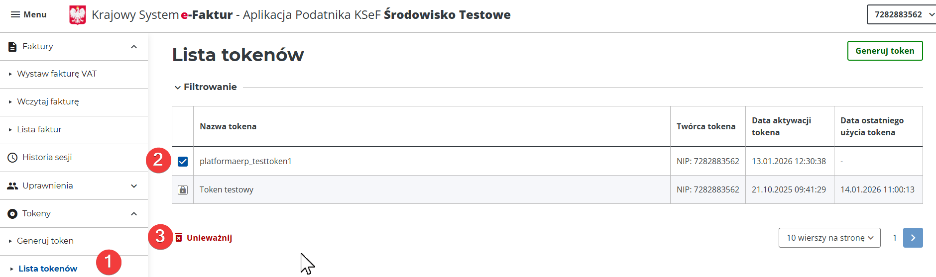 platformaERP - KSeF - lista tokenów w KSeF