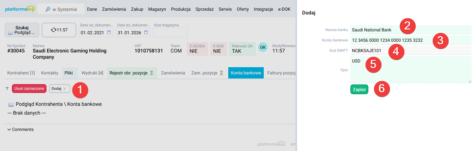 platformaERP Dodanie konta bankowego kontrahenta