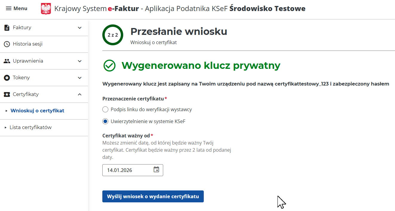 platformaERP - KSeF - proces generowania certyfikatu KSeF