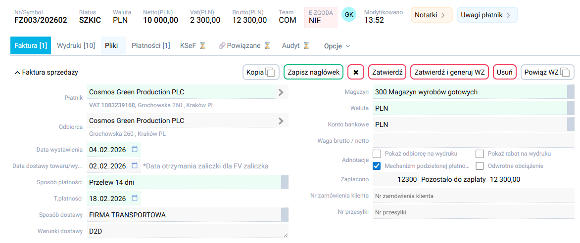 platformaERP - Faktura zaliczkowa, dane opcjonalne