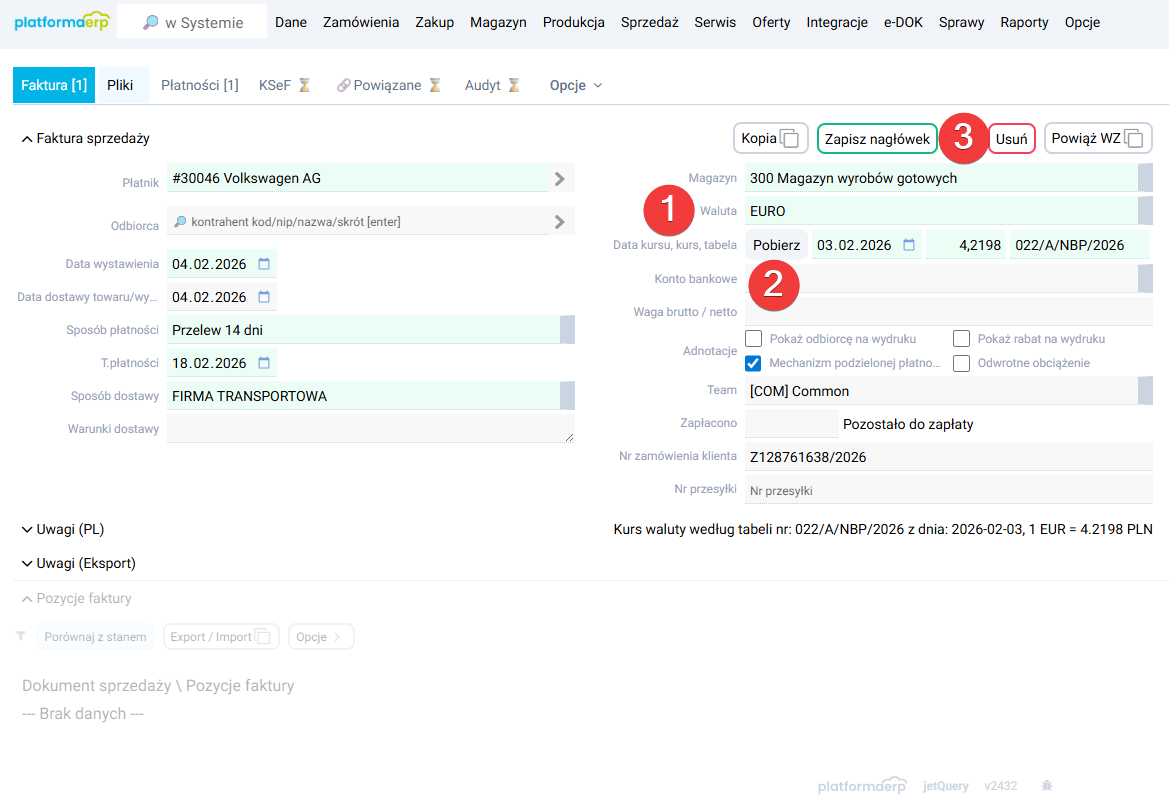 platformaERP - wystawienie faktury eksportowej