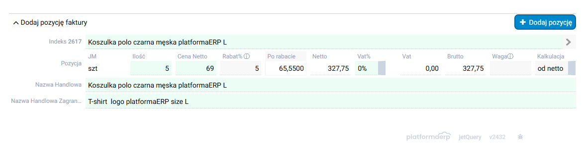 platformaERP - wystawienie faktury eksportowej, pozycje