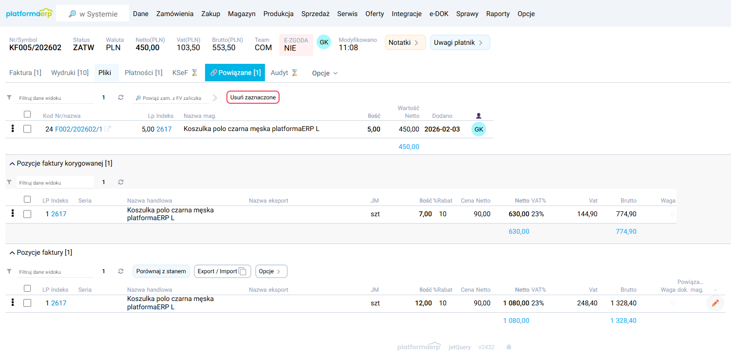 platformaERP - wystawienie korekty do korekty